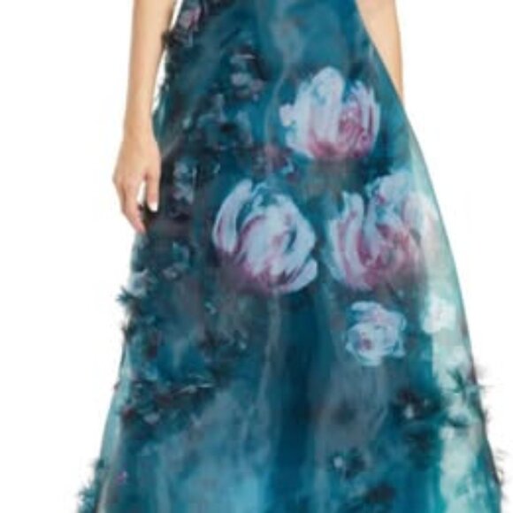 NEW Marchesa Notte 3D FLORAL SLEEVELESS PRINTED ORGANZA MIDI DRESS IN BLUE - Picture 7 of 8